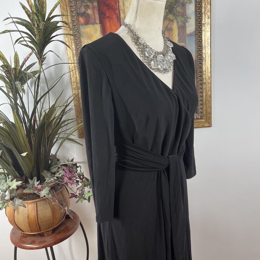 Kasper Dress Size 8 Black Faux Wrap A-Line Midi Tie Waist 3/4 Sleeve Stretch - Picture 4 of 12